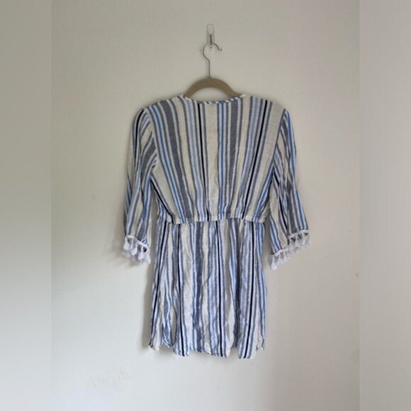 Blue Island Size XS Striped Cover-Up W/ Tassel Trim Sleeves White/Blue/Yellow - Picture 2 of 8